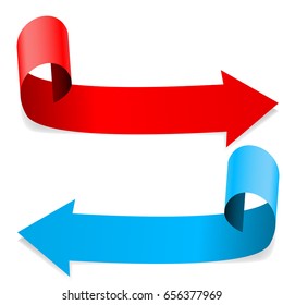 Red and blue arrows. Colored sticker labels with transparent shadow. Vector 3d illustration isolated on white background
