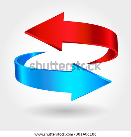 Red and blue arrows are moving towards. Arrows sign isolated on white