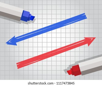 red and blue arrows with opposite directions drawn with marker pens 