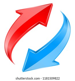 Red and blue arrows set. Recycling sign. Vector 3d illustration isolated on white background