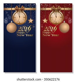 Red and blue background with clock and Christmas decorations. Happy New Year 2016. Vector flyer template.