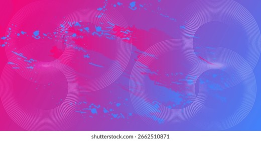 Moderner abstrakter Hintergrund mit Memphis-Elementen in blauen und violetten Farbverläufen und Retro-Themen für Poster, Banner und Webseiten-Landing-Pages.