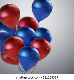 Red And Blue Balloon Bunch. Vector Holiday Illustration Of Flying Red And Blue Balloons. Birthday Or Other Holiday Event Decoration Element