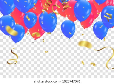 red and blue balloons, Celebration background template with confetti and red ribbons