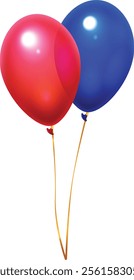 Red and blue balloons floating together tied with gold ribbons, creating a cheerful and festive image perfect for celebrations and happy occasions