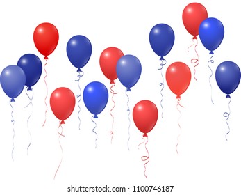 Red and blue balloons group isolated  on white vector illustration. American Independence Day holiday decoration elements. Bright helium flying balloons bunch. July 4th symbols in USA flag colors.