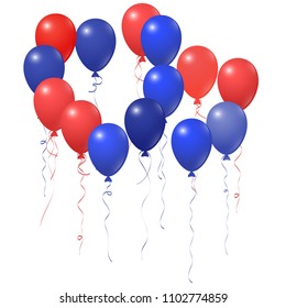 Red and blue balloons group isolated  on white vector illustration. American Independence Day holiday decoration elements. Decorative helium flying balloons bunch. July 4th symbols in USA flag colors.