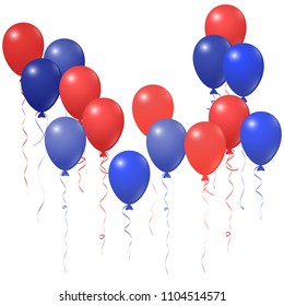 Red and blue balloons group isolated  on white vector illustration. American Independence Day holiday decoration elements. Bright helium flying balloons bunch. July 4th symbols in USA flag colors.