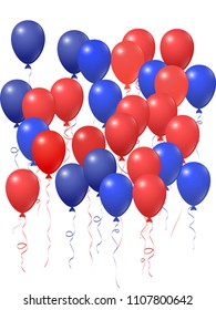Red and blue balloons group isolated  on white vector illustration. American Independence Day holiday decoration elements. Festive helium flying balloons bunch. July 4th symbols in USA flag colors.