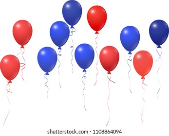Red and blue balloons group isolated  on white vector illustration. American Independence Day holiday decoration elements. Colored helium flying balloons bunch. July 4th symbols in USA flag colors.