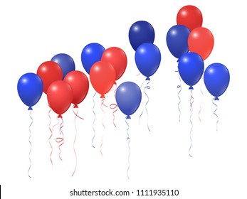 Red and blue balloons group isolated  on white vector illustration. American Independence Day holiday decoration elements. Realistic helium flying balloons bunch. July 4th symbols in USA flag colors.