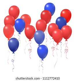 Red and blue balloons group isolated  on white vector illustration. American Independence Day holiday decoration elements. Bright helium flying balloons bunch. July 4th symbols in USA flag colors.