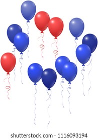 Red and blue balloons group isolated  on white vector illustration. American Independence Day holiday decoration elements. Marvelous helium flying balloons bunch. July 4th symbols in USA flag colors.