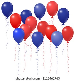 Red and blue balloons group isolated  on white vector illustration. American Independence Day holiday decoration elements. Beautiful helium flying balloons bunch. July 4th symbols in USA flag colors.
