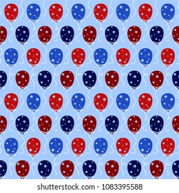 Red and Blue Balloons Seamless Pattern - Colorful red and blue balloons with star designs and string on light blue background seamless pattern