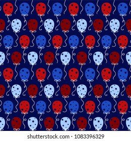 Red and Blue Balloons Seamless Pattern - Colorful red and blue balloons with star designs and string on navy blue background seamless pattern