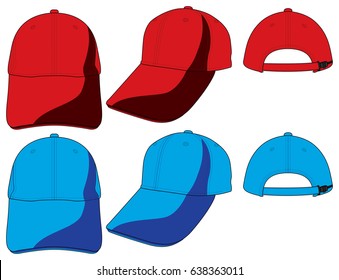 Red and Blue Baseball Cap Design, Adjustable Slide Buckle Plastic Zip Design on White Background, Vector File.