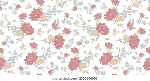 Red, blue and beige floral print. Delicate flower pattern. Vector illustration