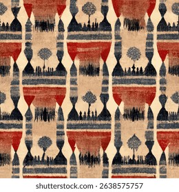 Red, blue, and beige geometric shapes. grunge lines ikat pattern, striped seamless pattern, Vector illustration background for print the paper.