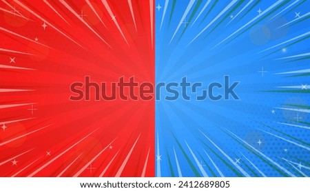 Red and blue bicolor jagged concentration line background, explosion in comics book pop style with expression text space, blank layout template with halftone dots and stars isolated