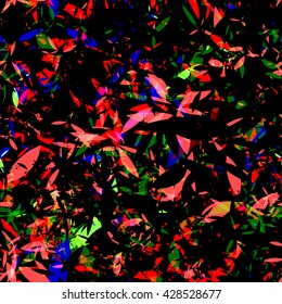 Red, blue and black. Bright and dark. Spots of different sizes in the form of stylized petals or leaves. Mixed random. Overlapping. Transparency. Seamless floral background.