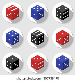 Red, blue and black casino dice on a white background. Set of icons with long shadows. Vector illustration