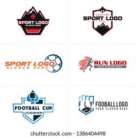 Red blue black line art badge logo design illustration mountain and people running icon ball suitable for sports teams clubs training health