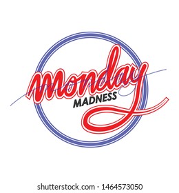 Red, blue and black vector lettering calligraphy Monday Madness text. Hand drawn illustration for t-shirt, poster, banner, and flyer on black background.