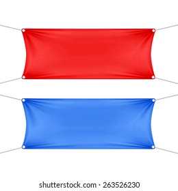 Red and Blue Blank Empty Horizontal Rectangular Banners Set with Corners Ropes. Textile, Fabric or Nylon. Vector Illustration Isolated on Background. Ready Template for Your Logo, Text and Design