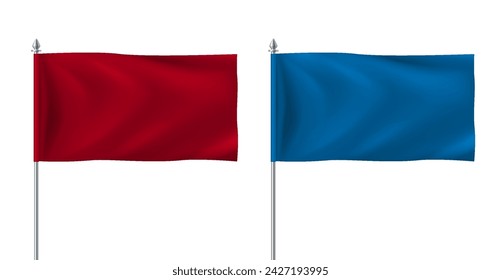 Red and blue blank table flags realistic vector illustration set. Color textile signs for advertising 3d models on white background. Banner design