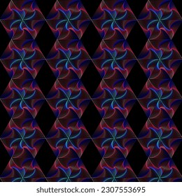 rote und blaue Dreiecke, die Hexagons mit hellerem Mittelpunkt auf schwarzem Hintergrund, Vektordesign für Wickelpapiere, Tapete, Stoff, Rückwürfe 