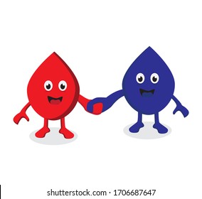 El diseño de la sangre roja y azul sonríe tomándose de la mano.