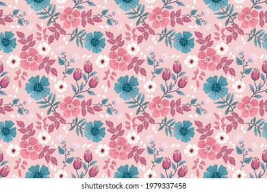 Red and blue blooming flowers design seamless pattern for fabric textile wallpaper.