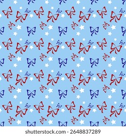 red and blue bows interspersed with white stars on a light blue background. This design is often associated with patriotic themes, particularly the Fourth of July in the United States