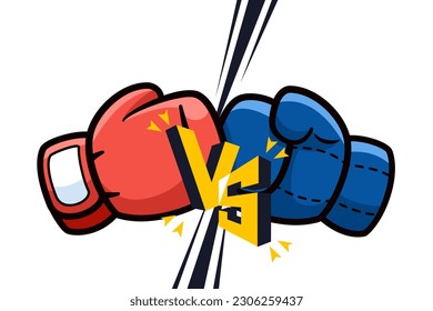 Guantes de boxeo rojos y azules. Icono de lucha. Batalla contra emblema de diseño plano estilo caricatura. Ilustración vectorial para banner, afiche y fondo.