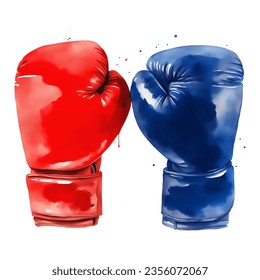 Red and Blue Boxing Gloves Isolated Hand Drawn Watercolor Painting Illustration