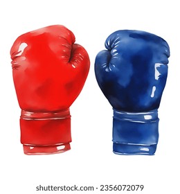 Red and Blue Boxing Gloves Isolated Hand Drawn Watercolor Painting Illustration