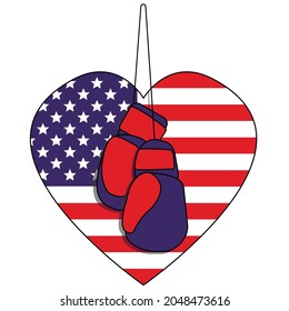 Red and Blue Boxing Gloves on the of the American Flag Shaped as a Heart. Boxing Gloves with the USA Flag. Stock vector illustration.