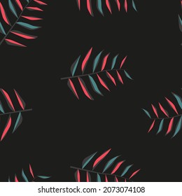 red blue branch on a black background. wind print of a plant. seamless abstraction of leaves for clothing or print