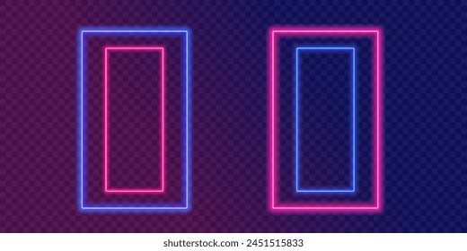 Puertas de neón rojo y azul brillante establecidas. Concepto de diseño de Vector. Portales cibernéticos brillantes aislados en el fondo de gradiente de duotono