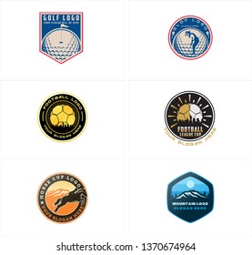 Red blue brown line art badge logo design vector ball golf silhouette mountain horse tree mountain suitable for sport football tournament cup