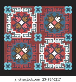 A red, blue, and brown square with a design of ludo on it