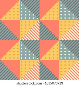 Red, blue and brown triangles, dots and lines, seamless vector pattern.