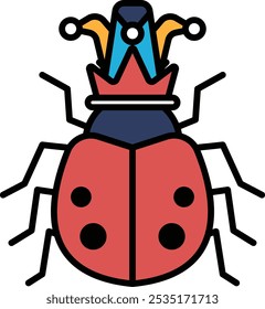 A red and blue bug with a crown on its head. The bug is wearing a crown and has a red and blue body