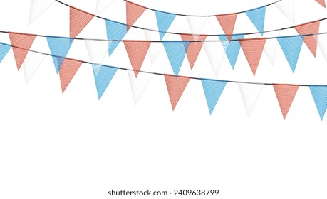 Red and blue bunting garlands with flags made of shredded pieces of fabric. Decorative multicolored party pennants for festival, party celebration. Holiday background with hanging flags. Vector 