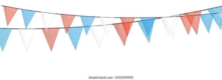 Red and blue bunting garlands with flags made of shredded pieces of fabric. Decorative multicolored party pennants for festival, party celebration. Holiday background with hanging flags. Vector 