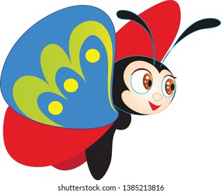 red and blue butterfly, flying happy.flying insect. spring. cute, cartoon.