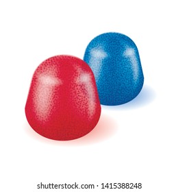 Red and Blue Candy on White Background 3D Image. Jelly Colored Sweets. Natural Candy. Vector Illustration. Nature Composition. Fruity Filler. Fruit Sweets. Confectionery Delicious.