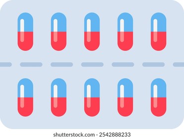 Las cápsulas rojas y azules dispuestas en un blíster representan un método común de empaquetado farmacéutico para medicamentos y atención médica