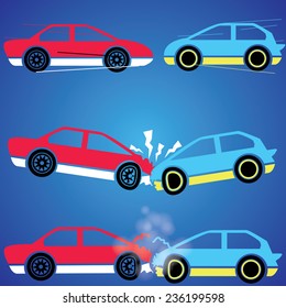 Red and blue car cars crash into each other at a speed of collision damage.